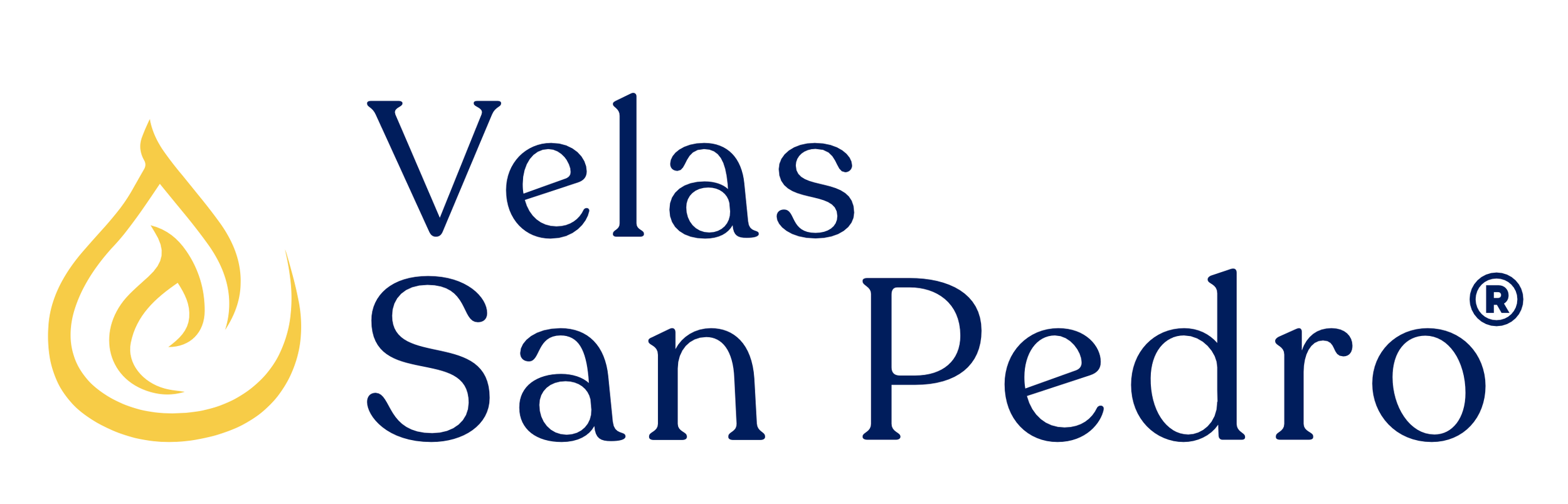 Logo for Velas San Pedro with a yellow flame graphic and blue text