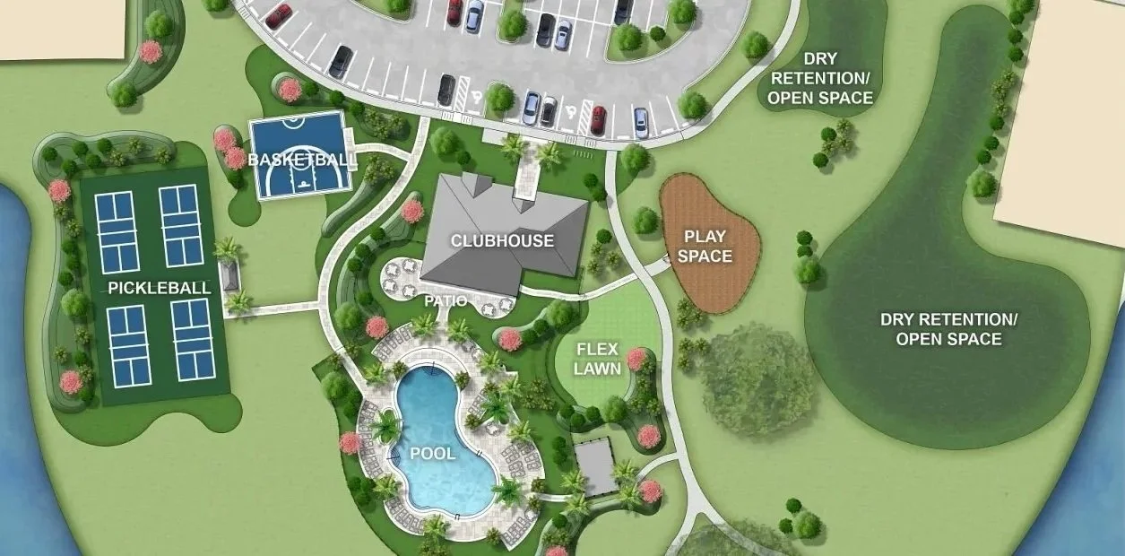 A detailed map of the Ardisia Park neighborhood featuring a pool, clubhouse, multiple sports courts including pickleball and basketball, a patio, a flex lawn, a play space, and several open space areas labeled as dry retention/open space.