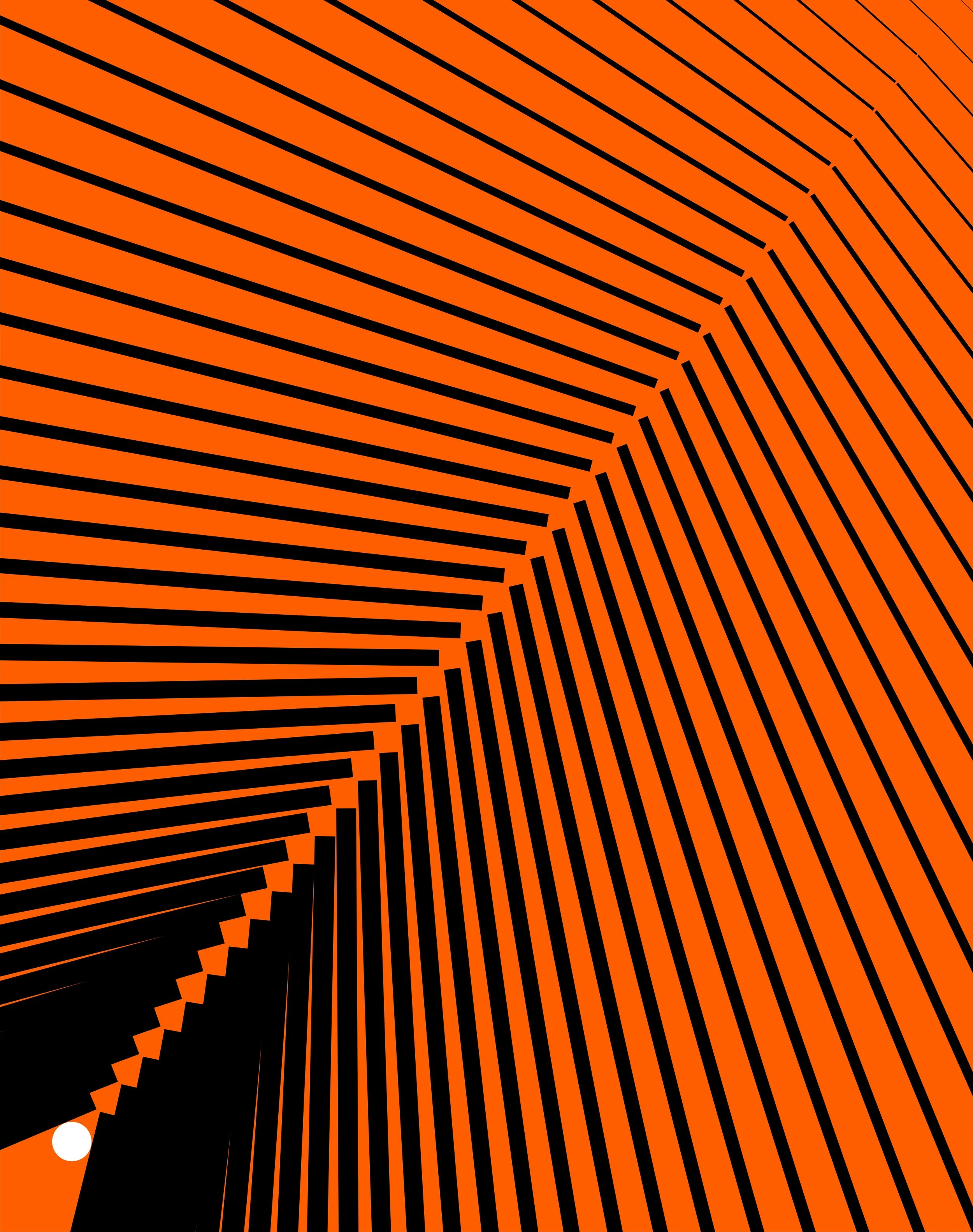 Abstract geometric pattern with black lines on orange background forming a staircase and tunnel effect.