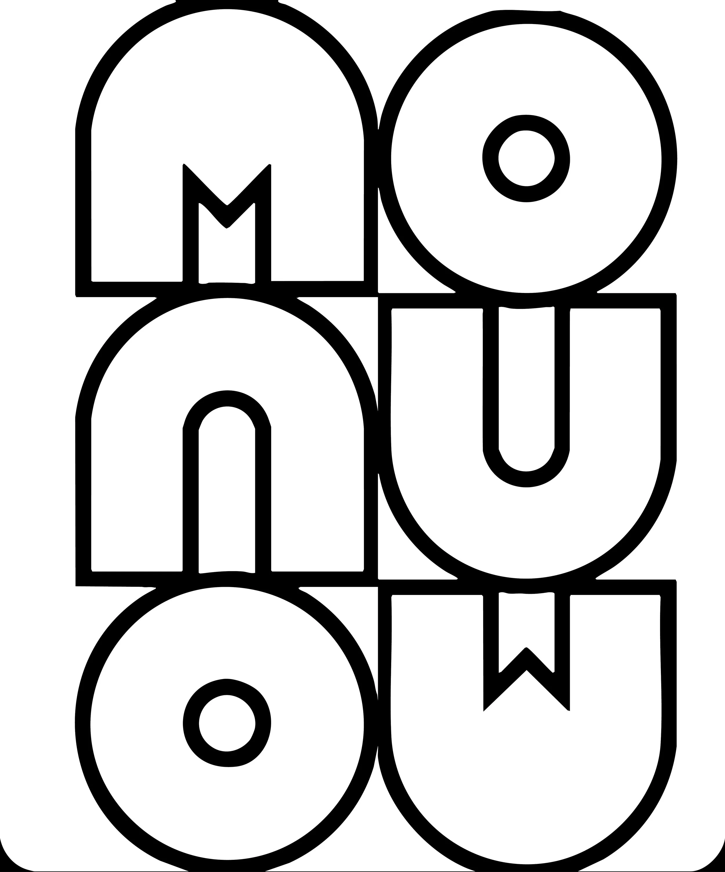 Outline of the words "MOM" and "YOU" with letters arranged vertically, with some letters featuring circles and a small ribbon detail.