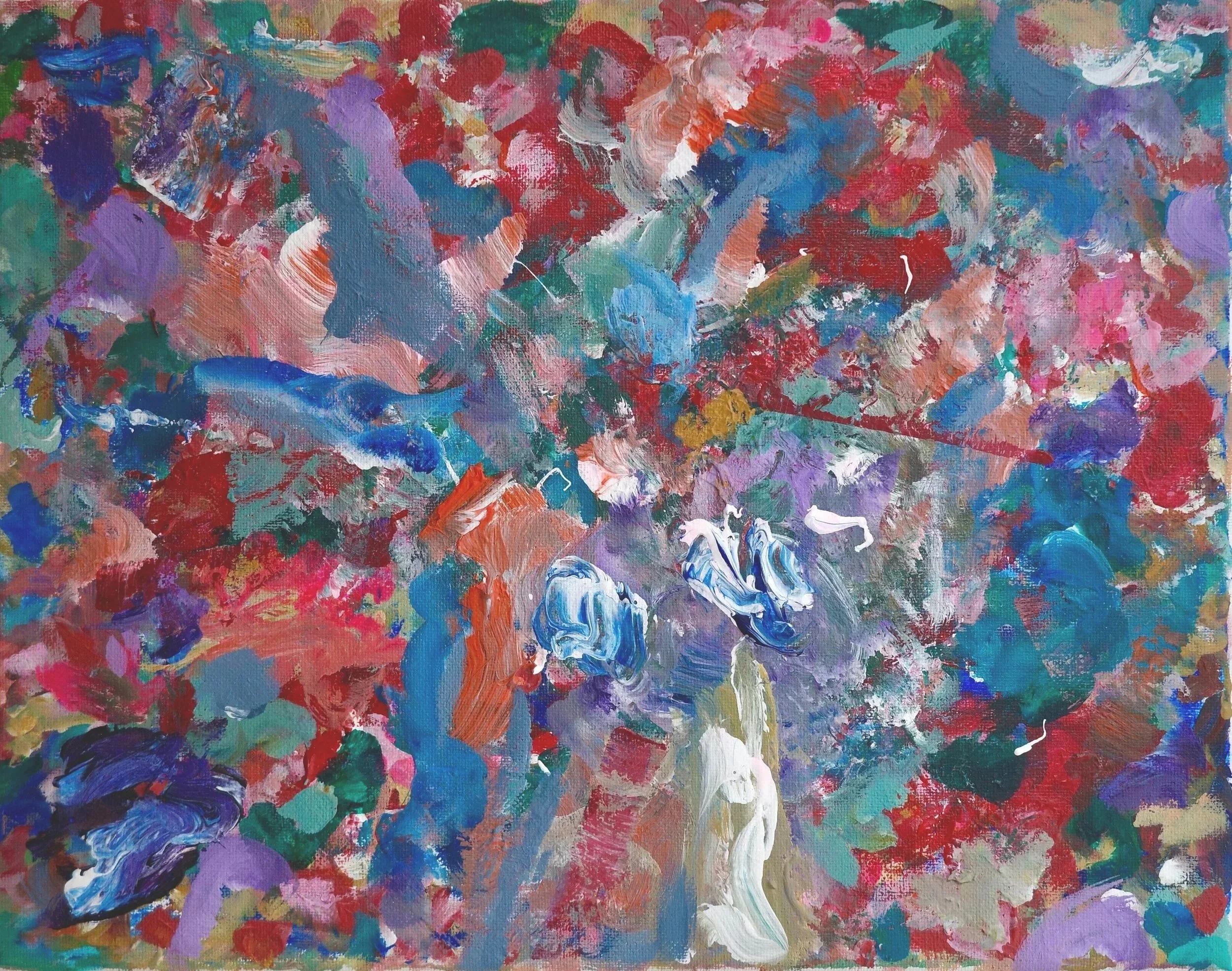 An abstract expressionist painting with bold, colorful brushstrokes in red, purple, blue, green, orange, pink, and white, creating a vibrant and dynamic composition.