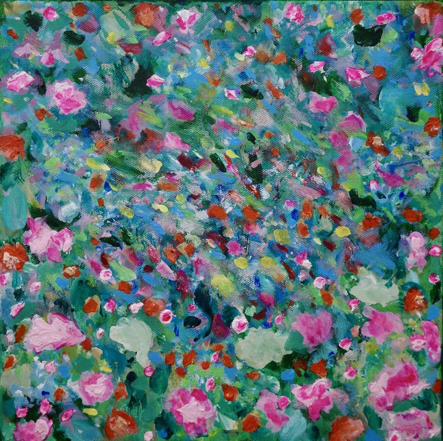 An expressionistic, abstract, acrylic painting reveals a kaleidoscopic landscape featuring neon pink flowers. The piece suggests a passing breeze or wind blowing flowers towards the left side of the painting, particularly those in the center.