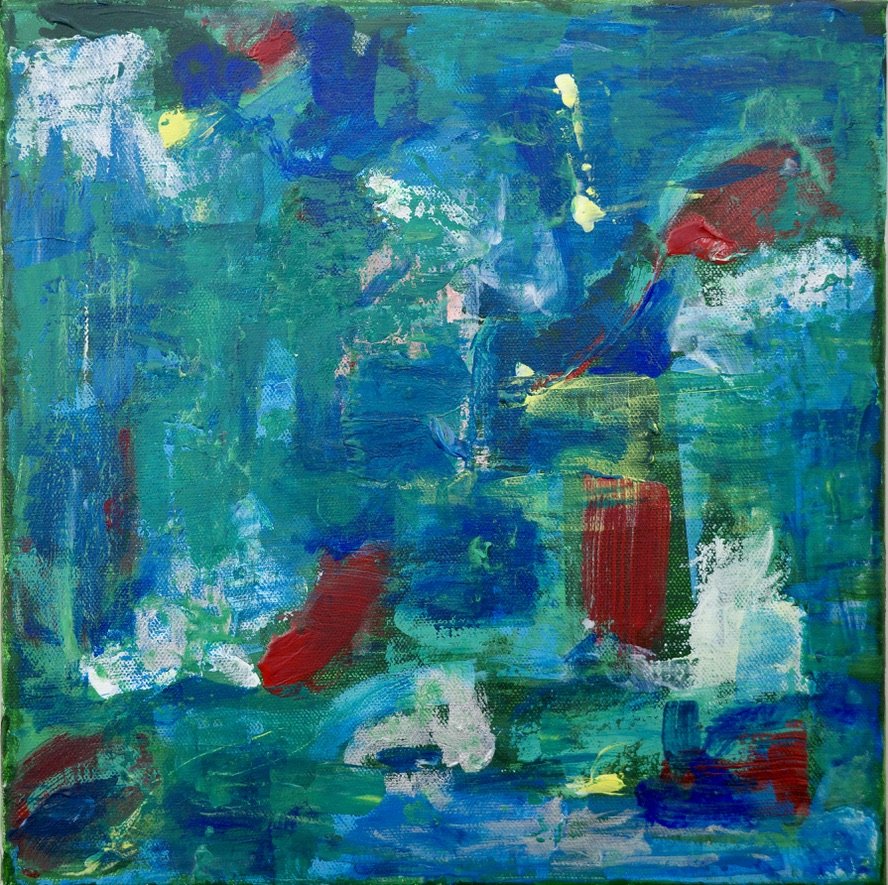 A square, abstract, acrylic painting is comprised of thick layers of shades of blue and green paint, accented by thick strokes of red and silver. Small hints of yellow and pale orange add to the motion within the painting.