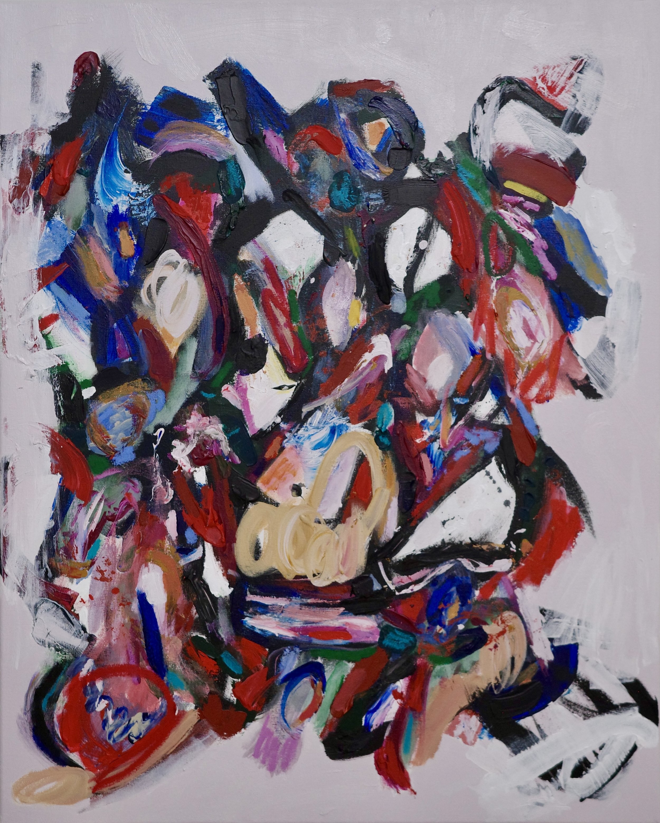 Great At Oversharing! (2026)
Acrylic, gouache, oil pastel, and wax pastel on canvas, 24 x 30 in.