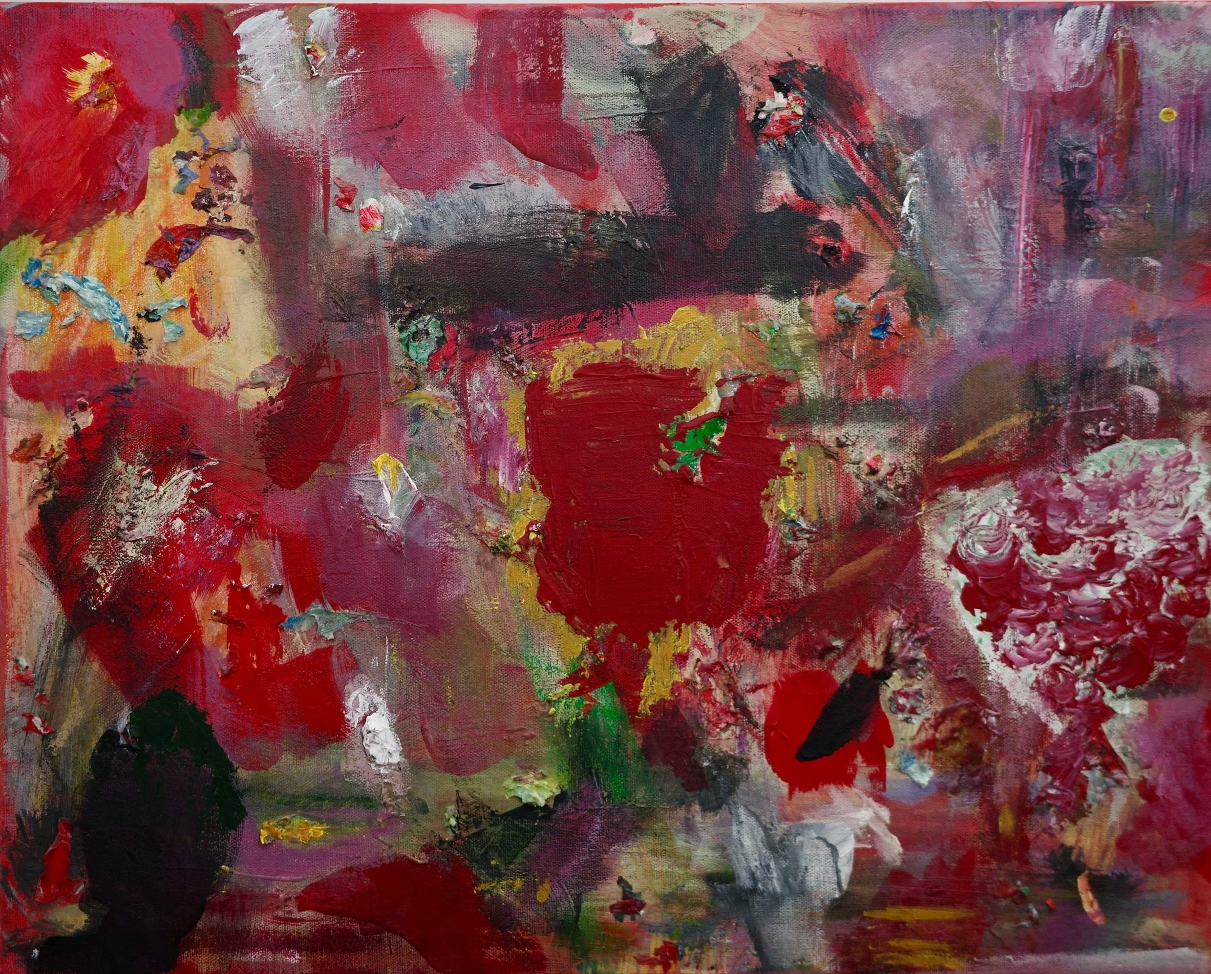 A heavily textured, dramatic abstract acrylic painting is comprised of a colorful palette, dominated by shades of red, yellow, and white. The vigorous brush strokes create a chaotic landscape.