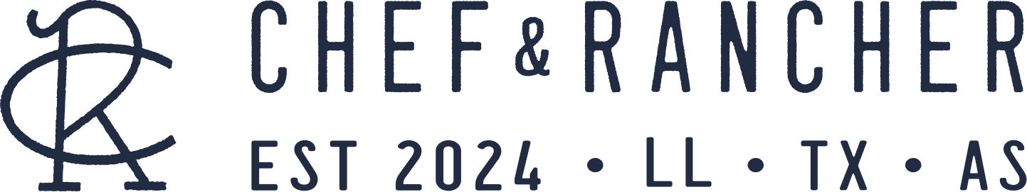 Logo for Che & Rancher with a stylized monogram of the letters C and R, the text 'CHE & RANCHER', established 2024, located in Llano, Texas, and Austin, Texas.