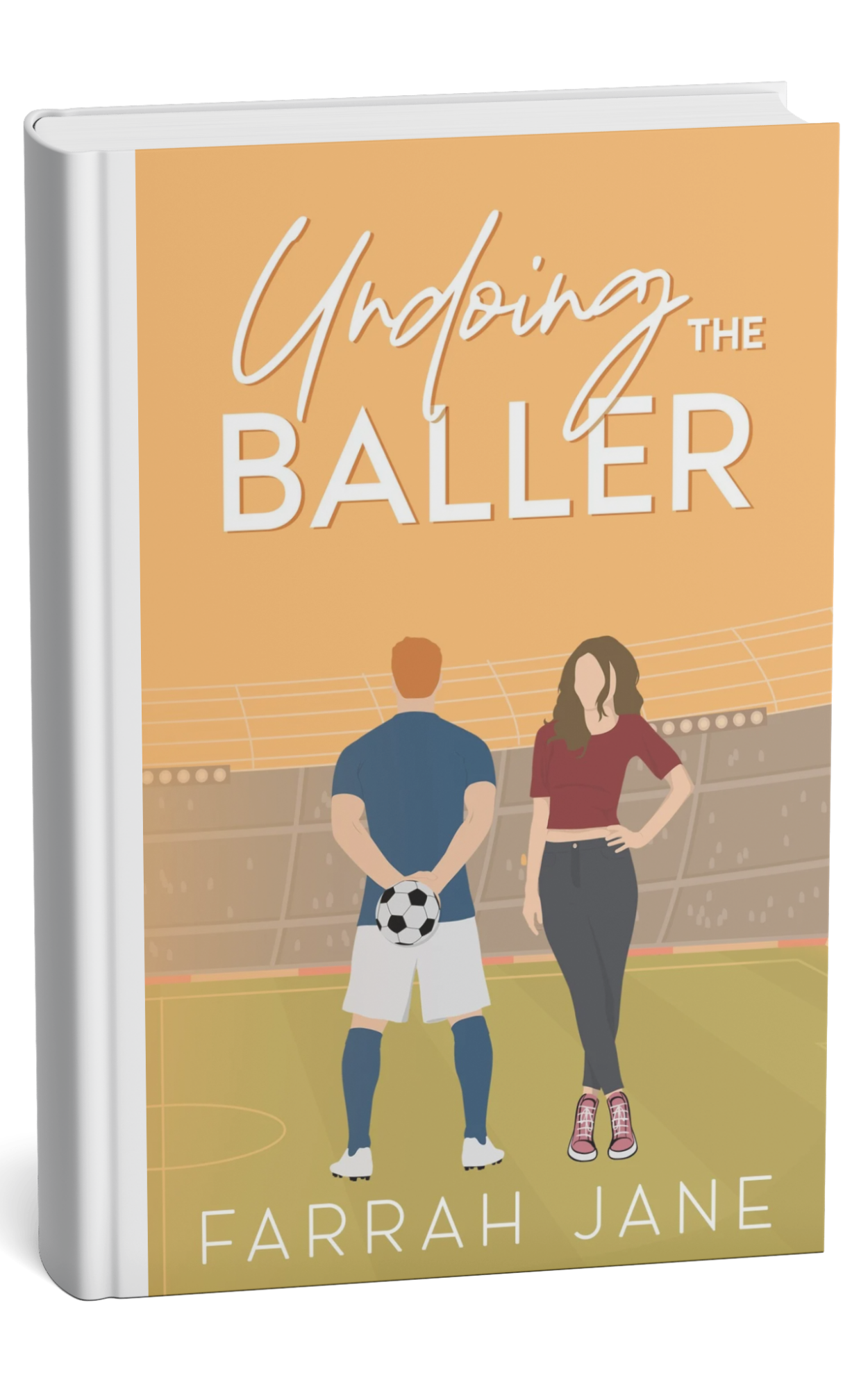 Cover of a book titled "Uploading the Baller" by Farrah Jane, featuring an illustration of a man in a soccer uniform holding a soccer ball and a woman in casual attire standing in a stadium.
