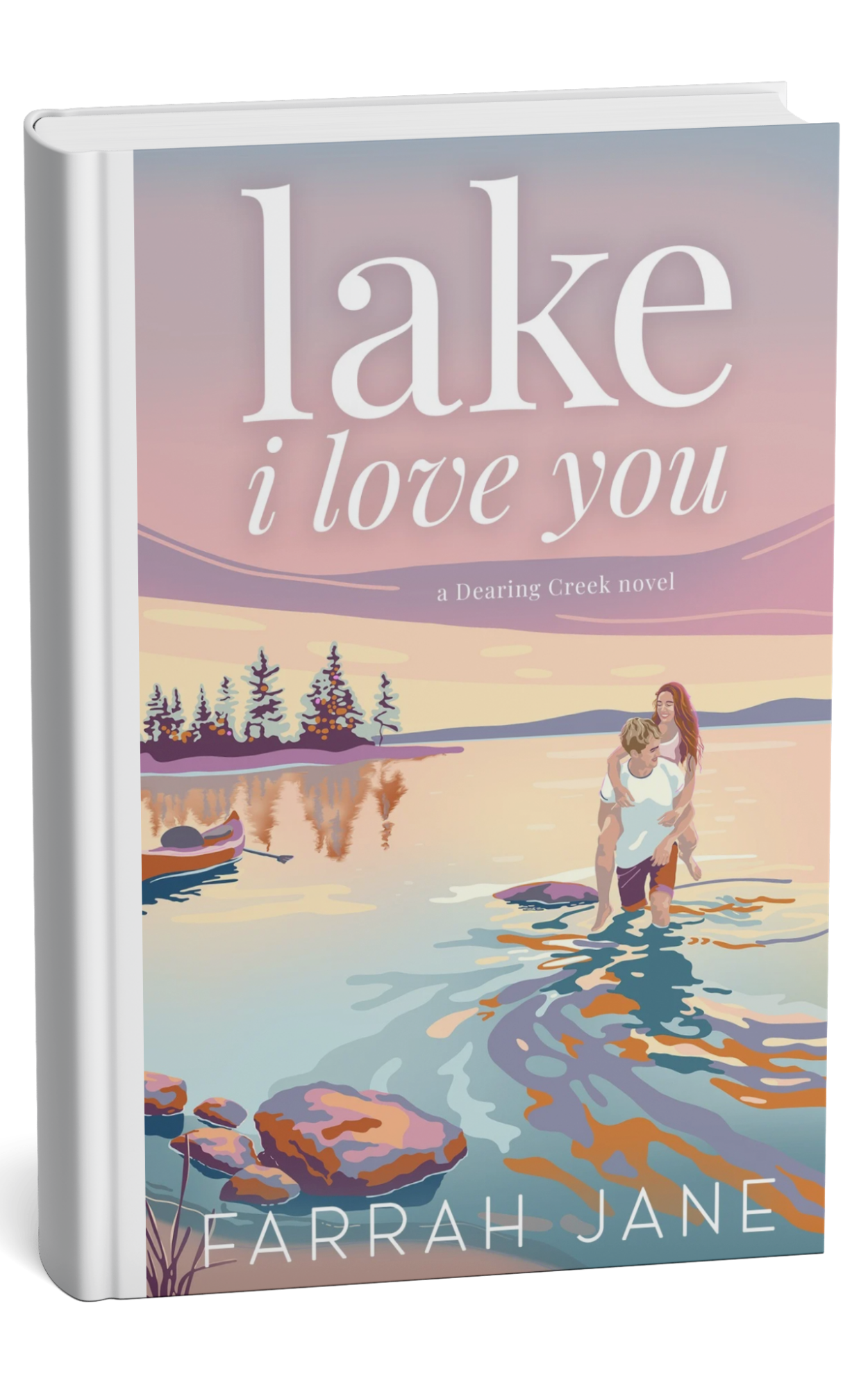 Book cover for 'Lake, I Love You' by Farrah Jane. Illustration of a couple wading in a lake during sunset, with trees and mountains in the background.