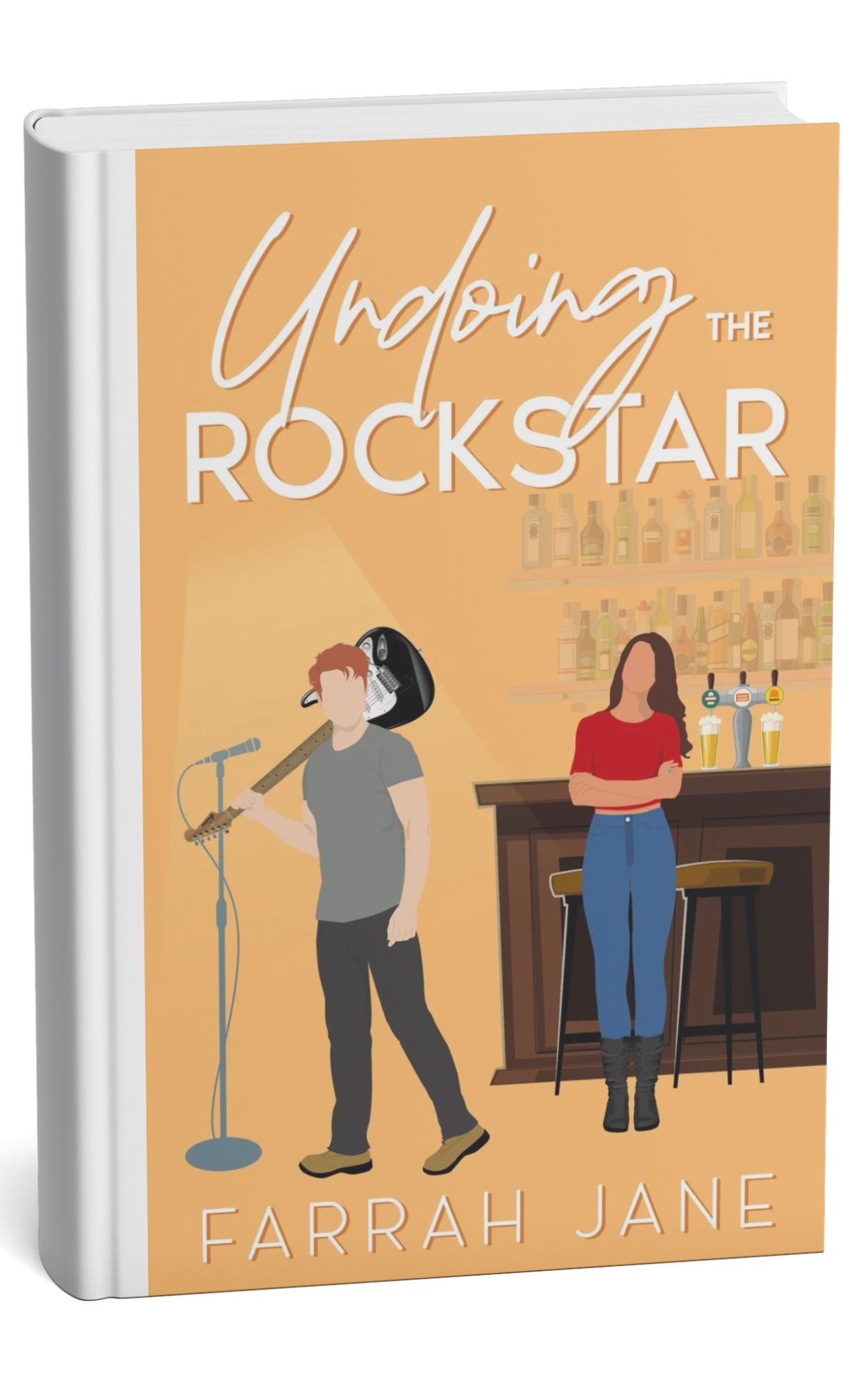 Book cover titled 'Unplugging the Rockstar' by Farrah Jane, featuring an illustration of a person playing an electric guitar at a microphone and a woman standing at a bar with beers on tap.