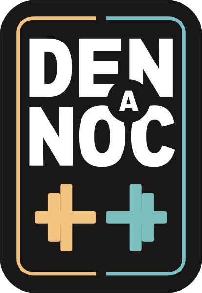 Design with the words "DEN A NOC" and plus signs, framed by a rounded rectangular border with yellow and blue accent lines, on a black background.