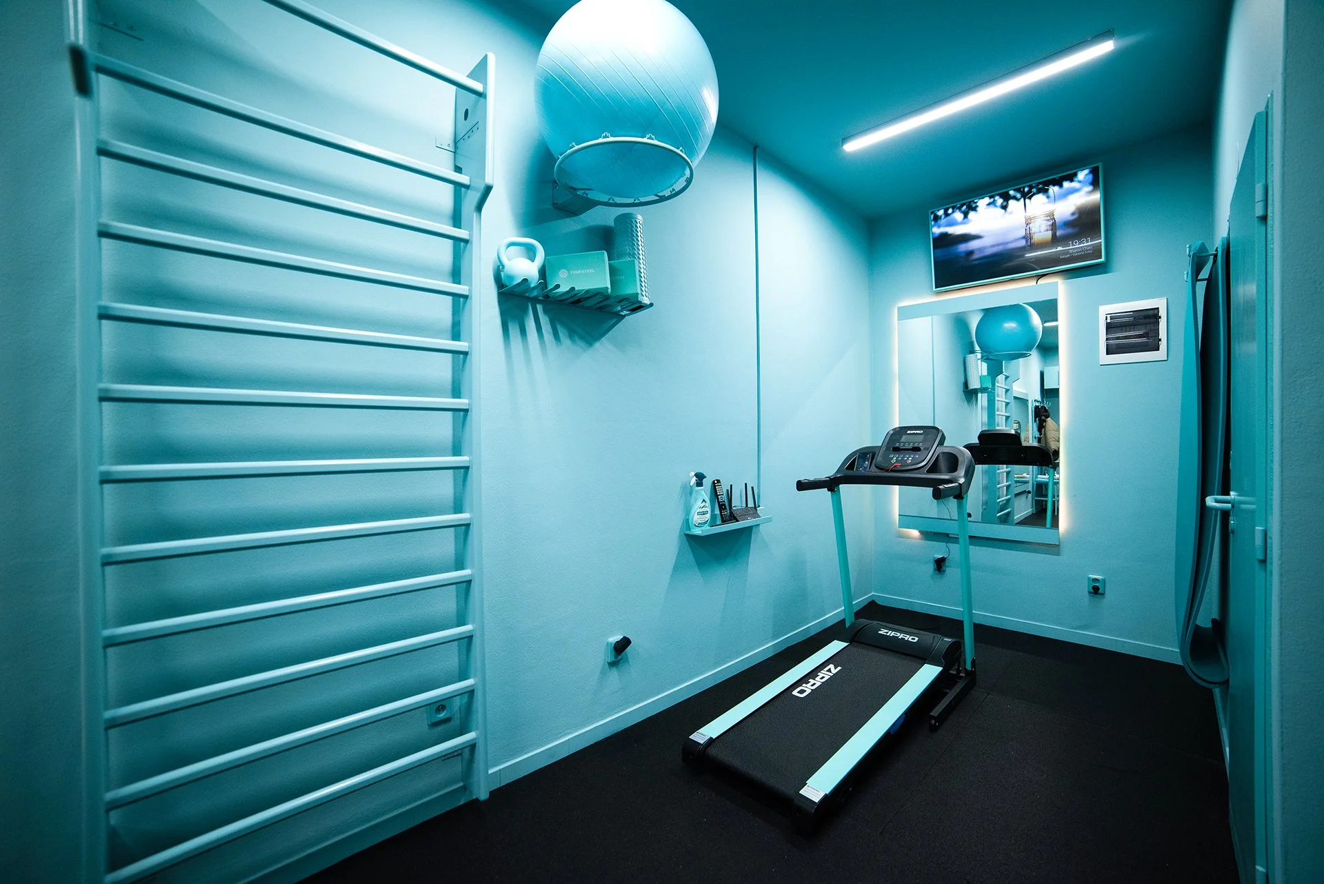 Small exercise room with a treadmill, mirror, TV, and gym equipment, all in blue tones.