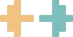 Two plus signs, one in tan and one in light blue, on a black background.