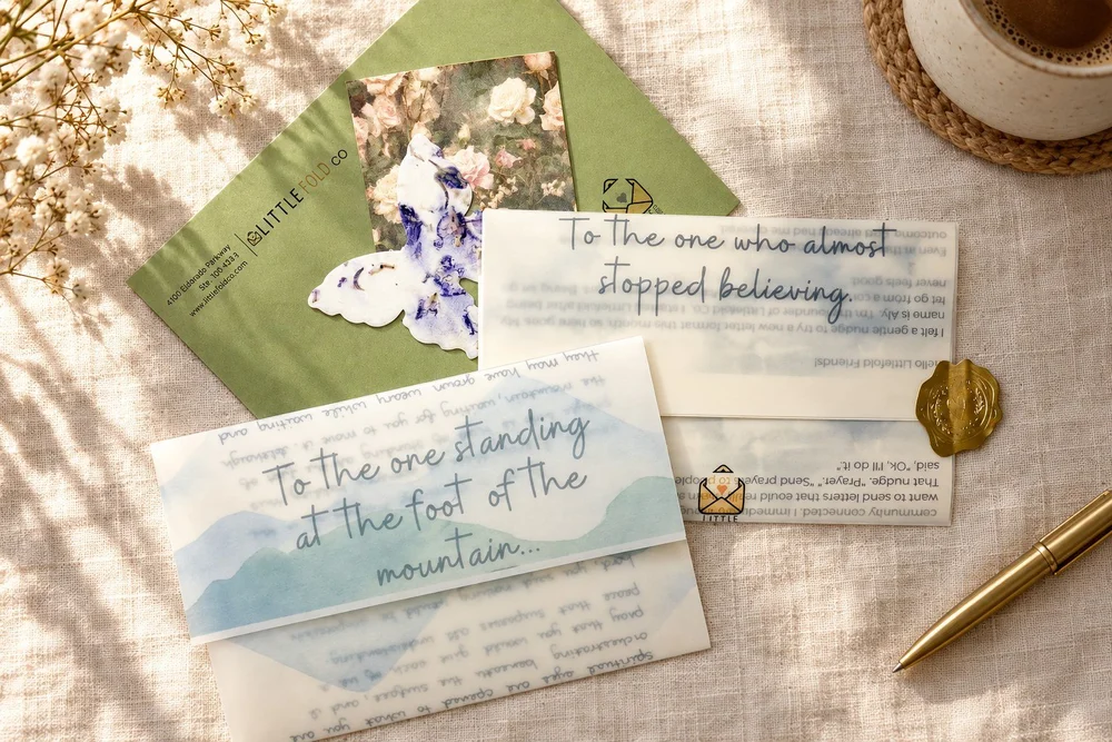 Little Lifted Letters prayer letters on vellum with a green Little Fold Co. envelope