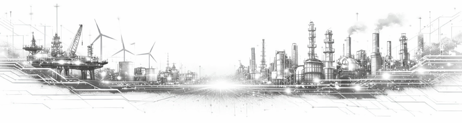 Grayscale industrial skyline with offshore platform, wind turbines, refinery structures, and digital network lines in a futuristic sketch style.