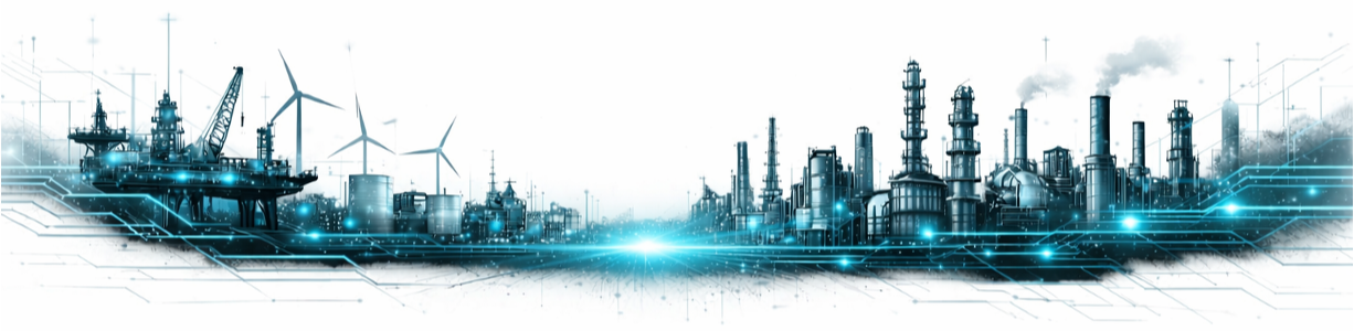 Futuristic industrial skyline with offshore platform, wind turbines, refinery structures, and glowing cyan digital network lines on a light background.