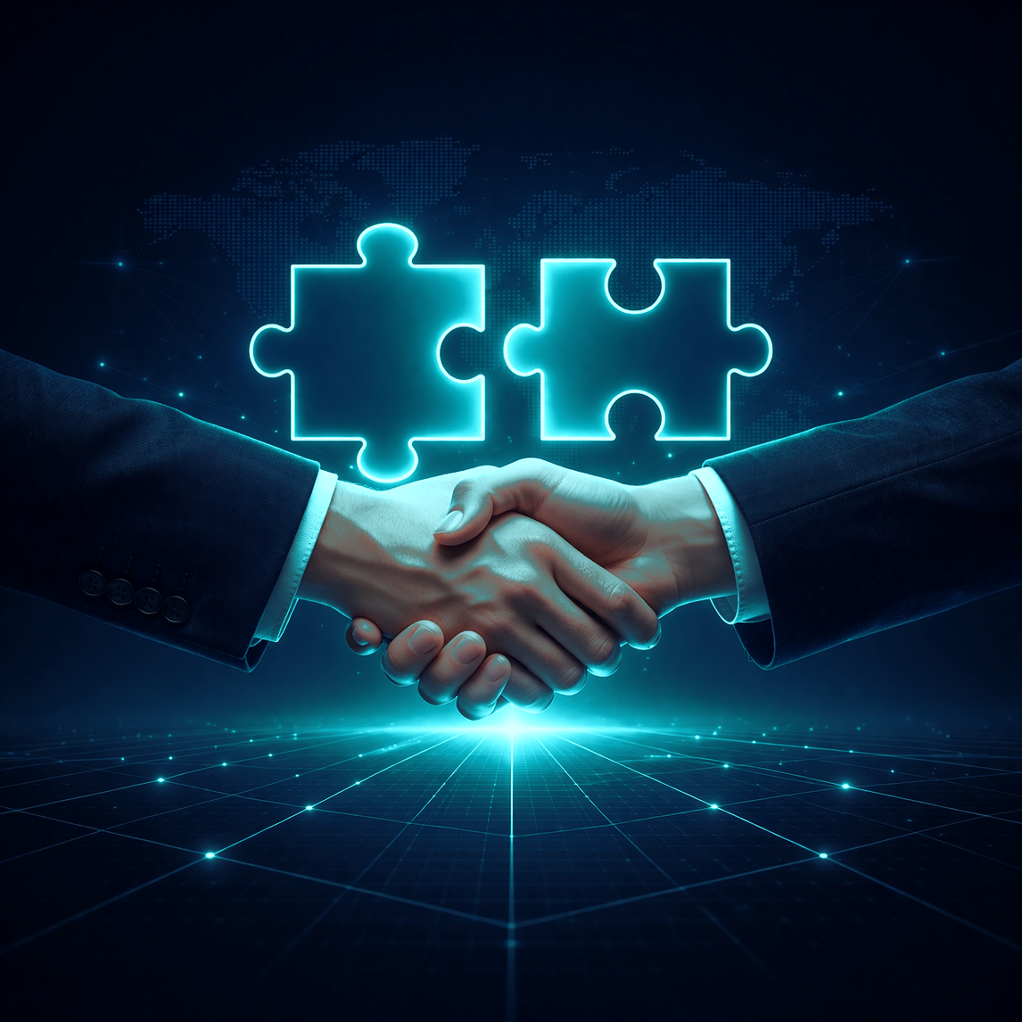 Handshake beneath glowing cyan puzzle pieces and world map on a dark digital background, representing strategic partnerships and collaboration.