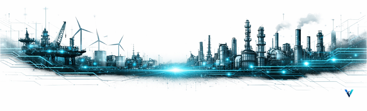 Futuristic industrial skyline with offshore platform, wind turbines, refinery structures, and glowing cyan digital network lines on a light background.