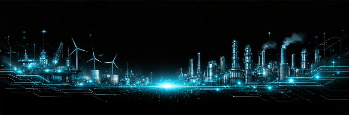 Futuristic industrial skyline with offshore platform, wind turbines, refinery structures, and glowing cyan digital network lines against a black background.