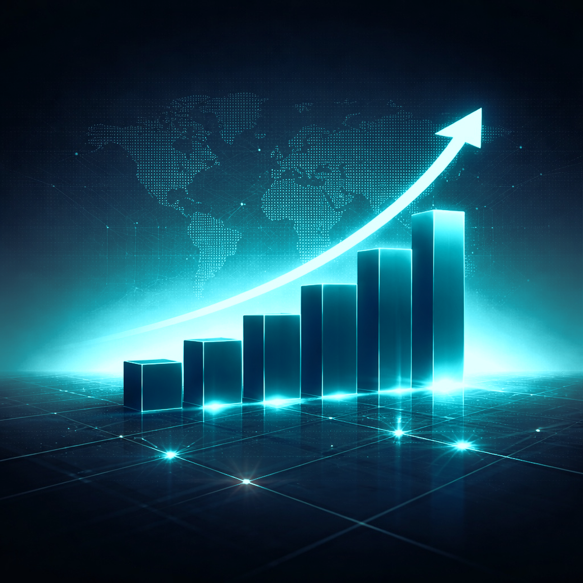 Glowing cyan bar chart with upward arrow and world map on a dark background, representing commercial strategy and business growth.