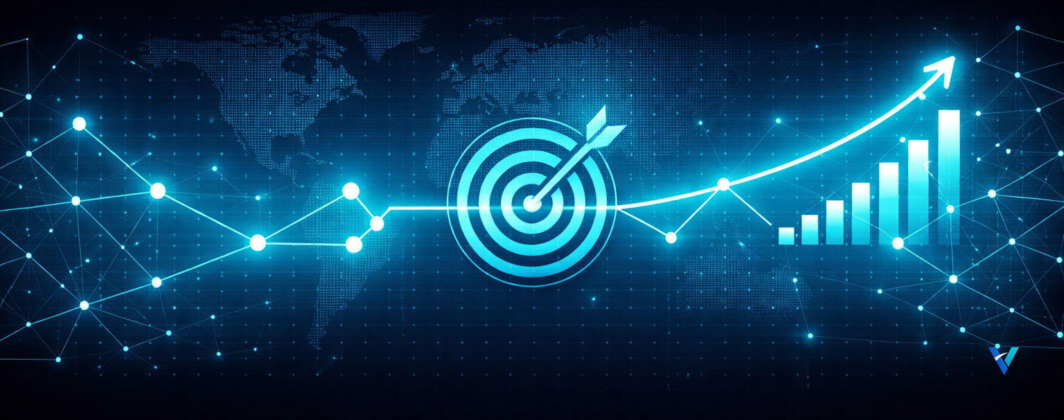 Glowing cyan world map with target icon, digital line graph, and rising bar chart on a dark background, representing additional areas of business support and growth planning.