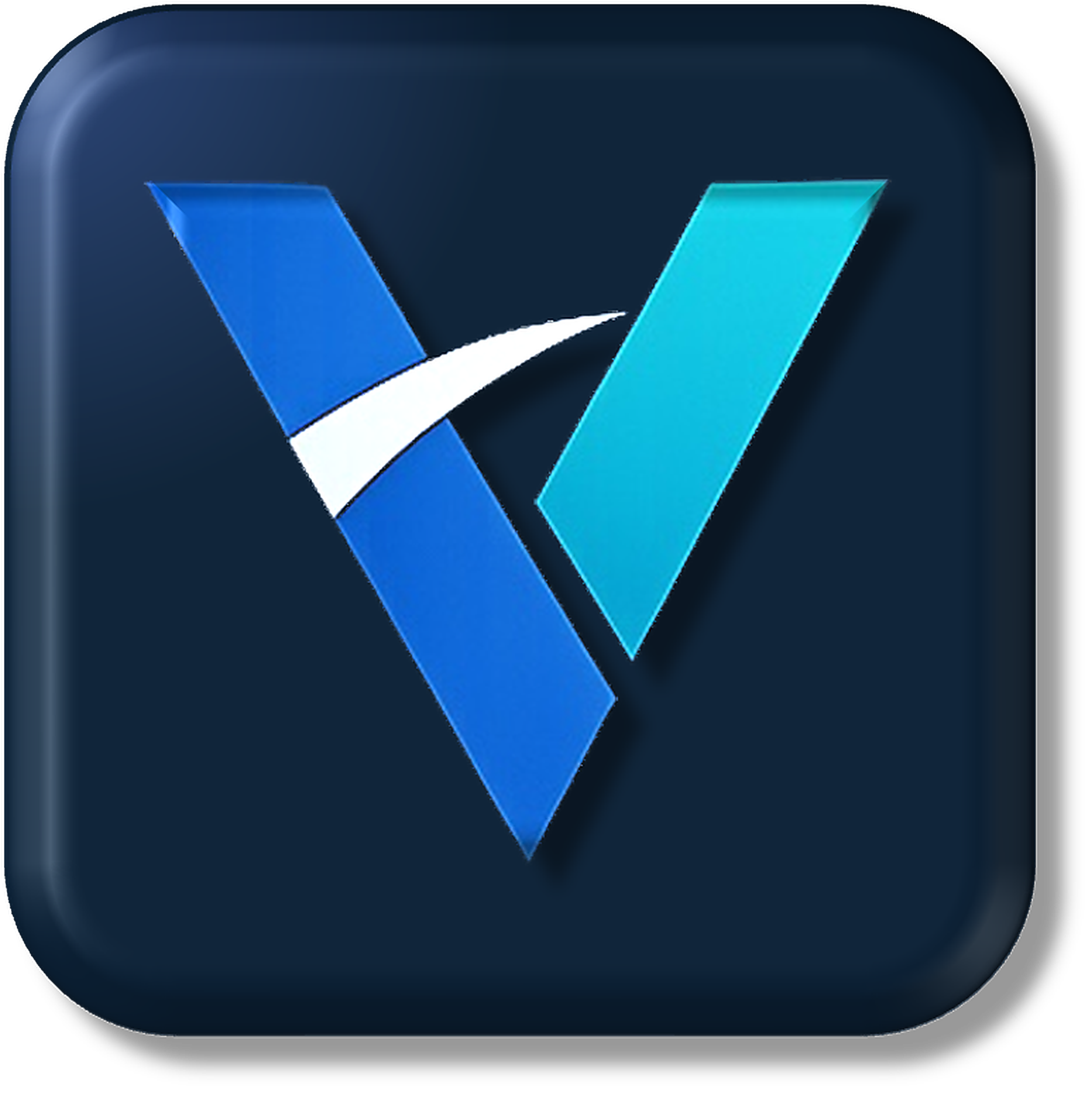 A digital graphic icon featuring a stylized letter V in shades of blue with a white swoosh across it, on a dark rounded square background.