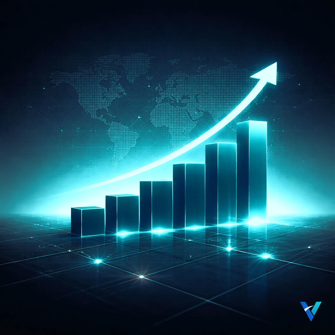 Glowing cyan bar chart with upward arrow and world map on a dark background, representing commercial strategy and business growth.