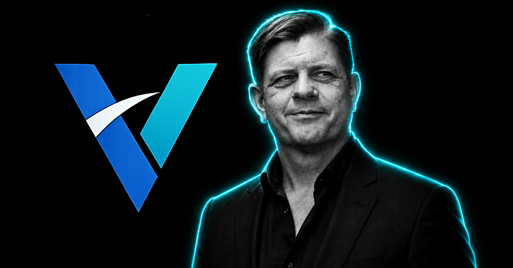 Founder of ViaVantage Advisory in a black suit, shown in black and white with a cyan rim light and the ViaVantage V logo beside him.