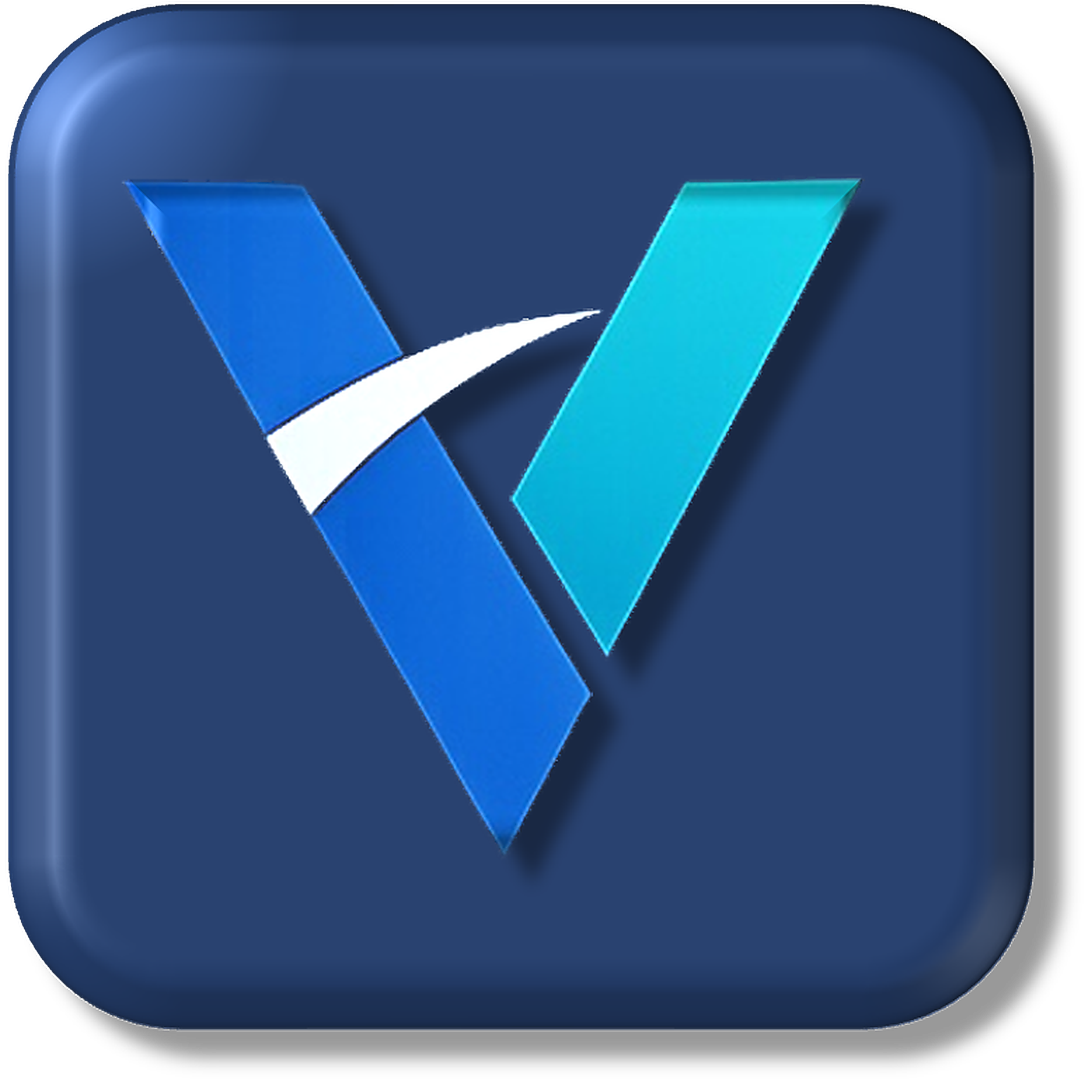 A digital icon with a blue gradient background featuring a stylized letter V made of two overlapping shades of blue, with a white swoosh crossing through the middle.
