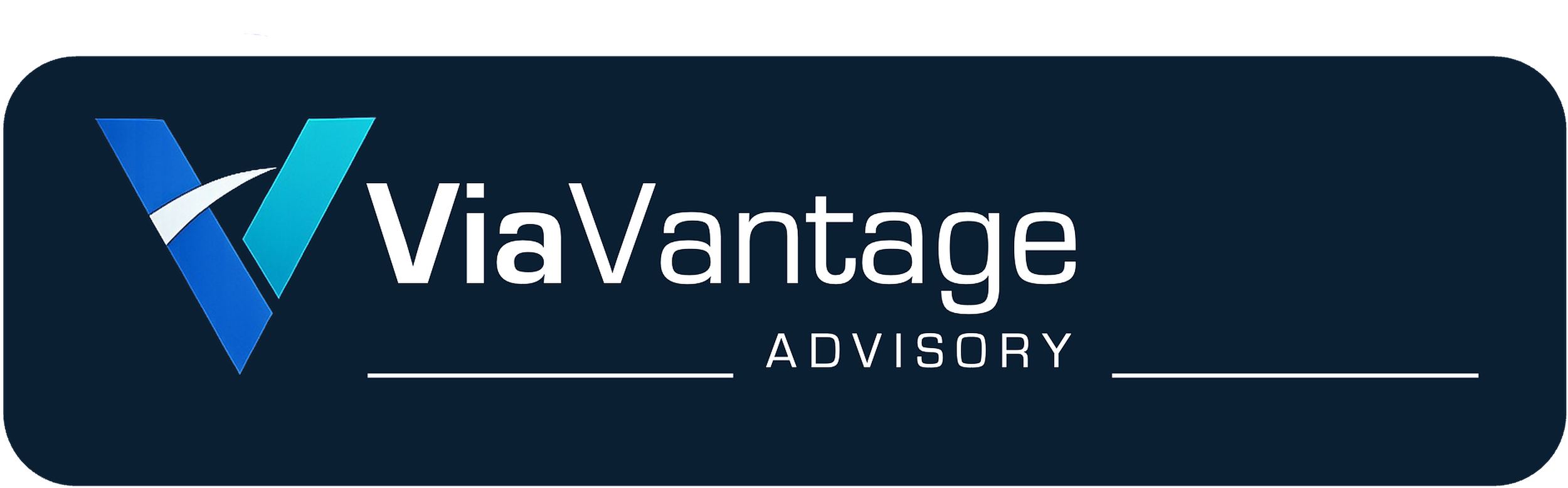ViaVantage Advisory logo with stylized blue and cyan V symbol and white text on a dark rounded badge background.