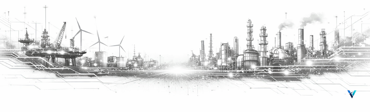 Grayscale industrial skyline with offshore platform, wind turbines, refinery structures, and digital network lines in a futuristic sketch style.