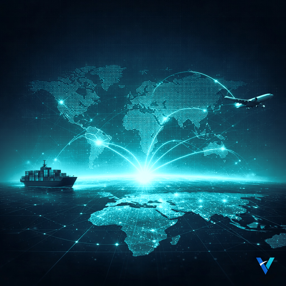Glowing cyan world map with airplane, cargo ship, and digital network lines, representing international business development and global connectivity.