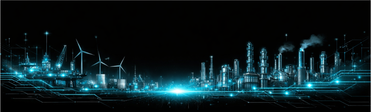 Futuristic industrial skyline with offshore platform, wind turbines, refinery structures, and glowing cyan digital network lines against a black background.