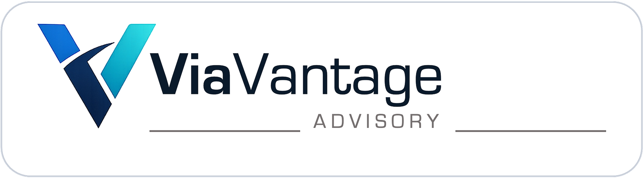 ViaVantage Advisory logo with blue and cyan V symbol and dark text on a white rounded badge background.