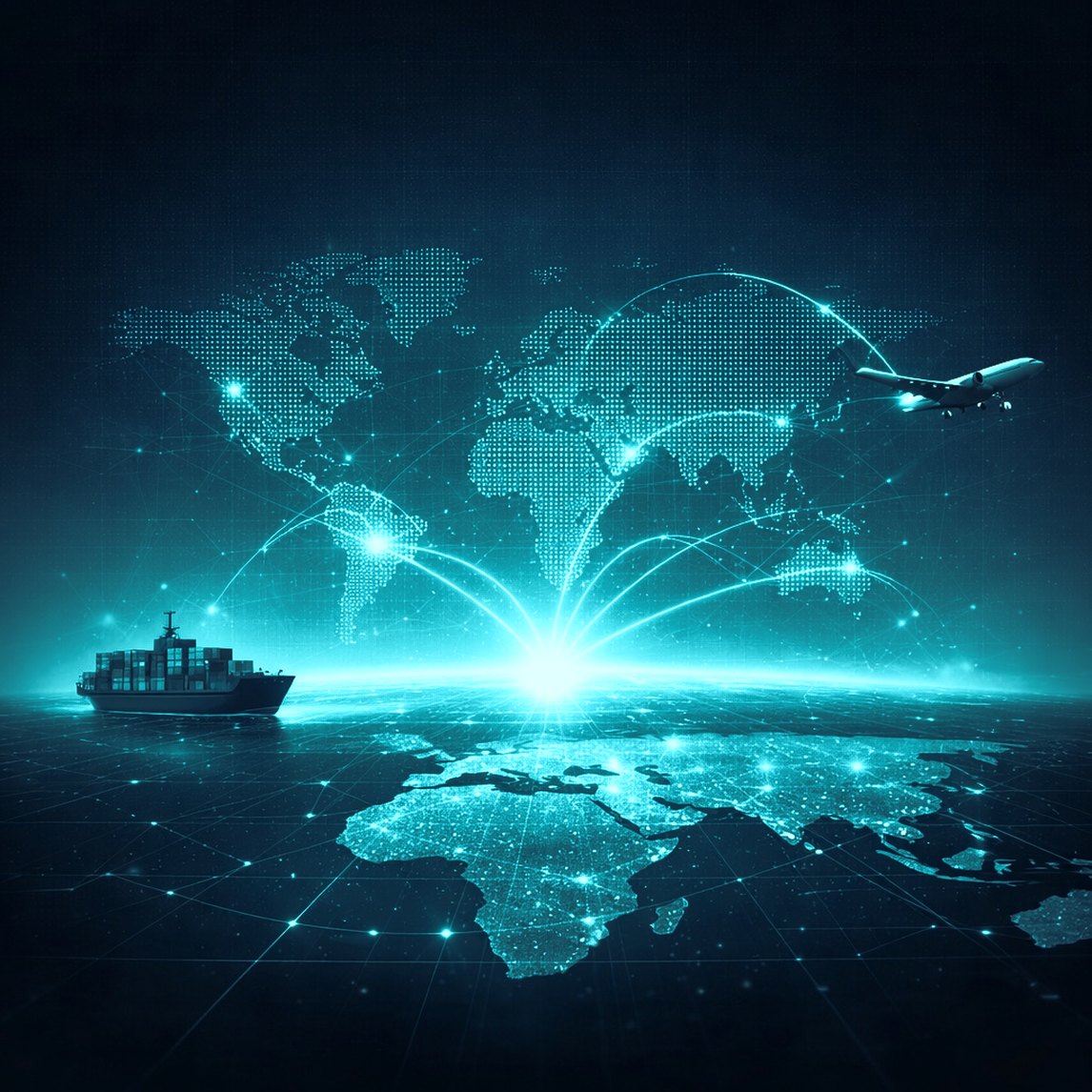 Glowing cyan world map with airplane, cargo ship, and digital network lines, representing international business development and global connectivity.