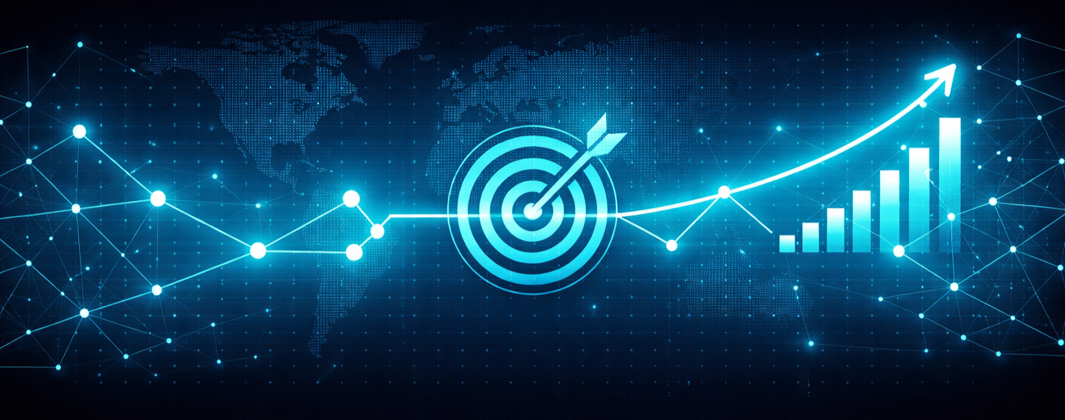 Glowing cyan world map with target icon, digital line graph, and rising bar chart on a dark background, representing additional areas of business support and growth planning.