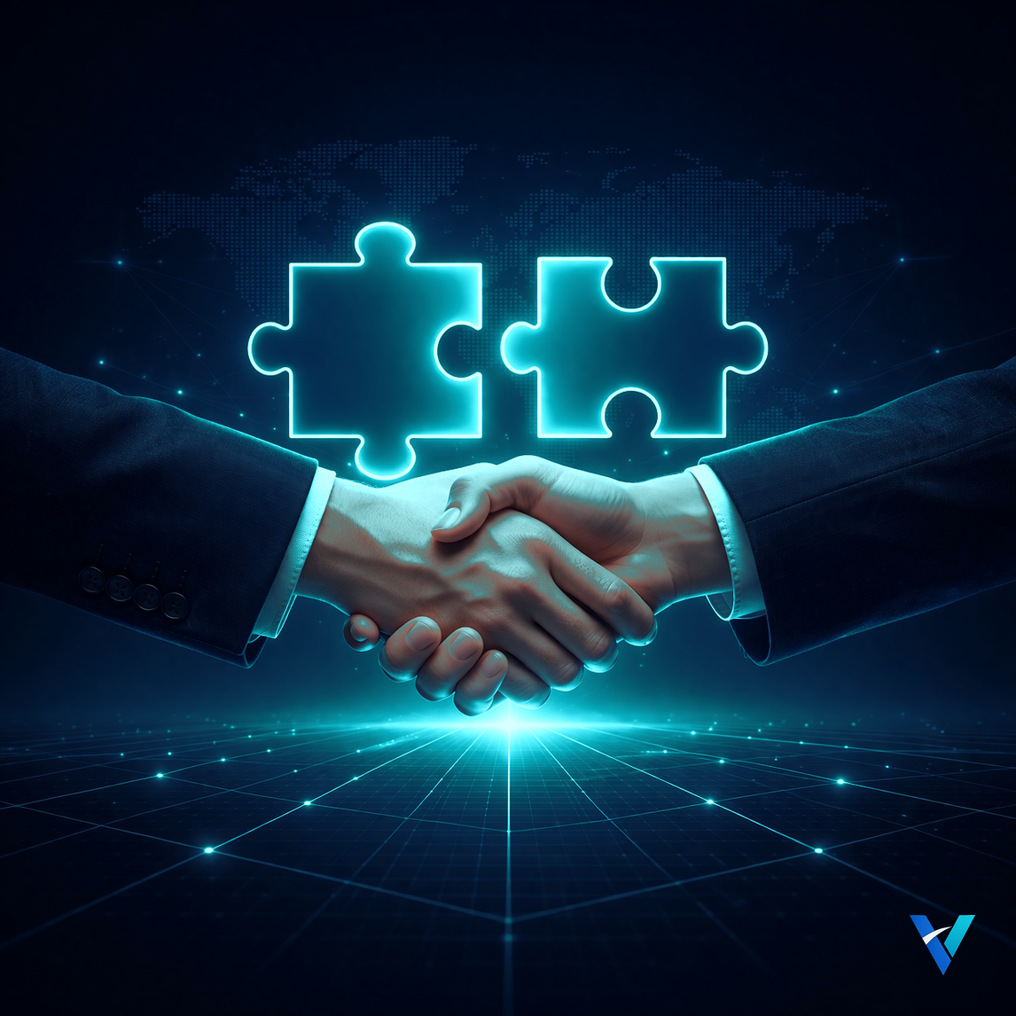 Handshake beneath glowing cyan puzzle pieces and world map on a dark digital background, representing strategic partnerships and collaboration.