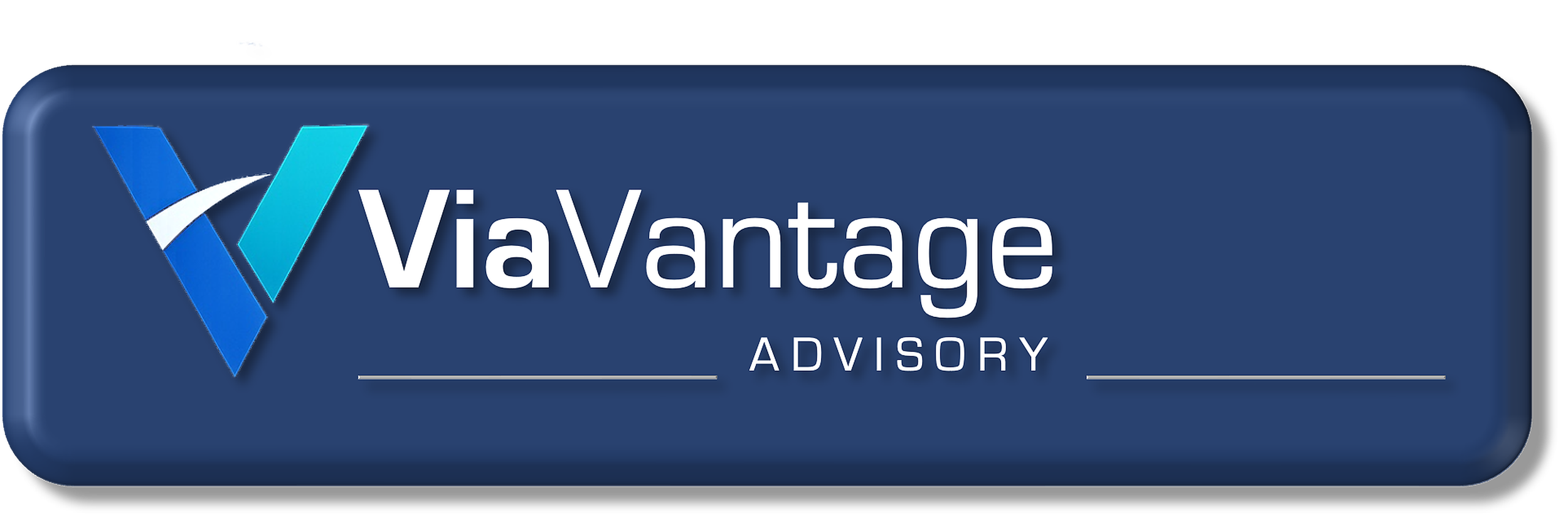 ViaVantage Advisory logo with blue and cyan V symbol and white text on a blue rounded badge background.