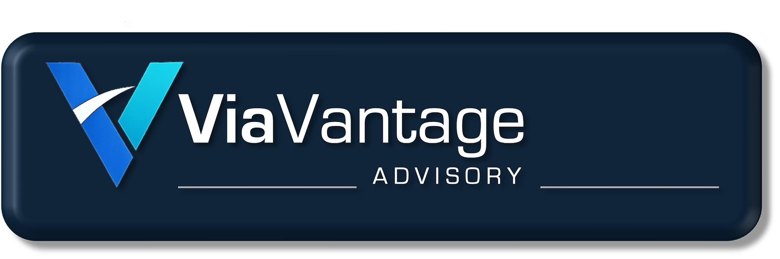 ViaVantage Advisory logo with stylized blue and cyan V symbol and white text on a dark rounded badge background.