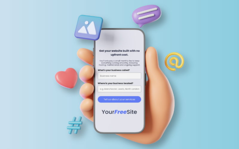 A mobile phone showing the Your Free Site sign up form