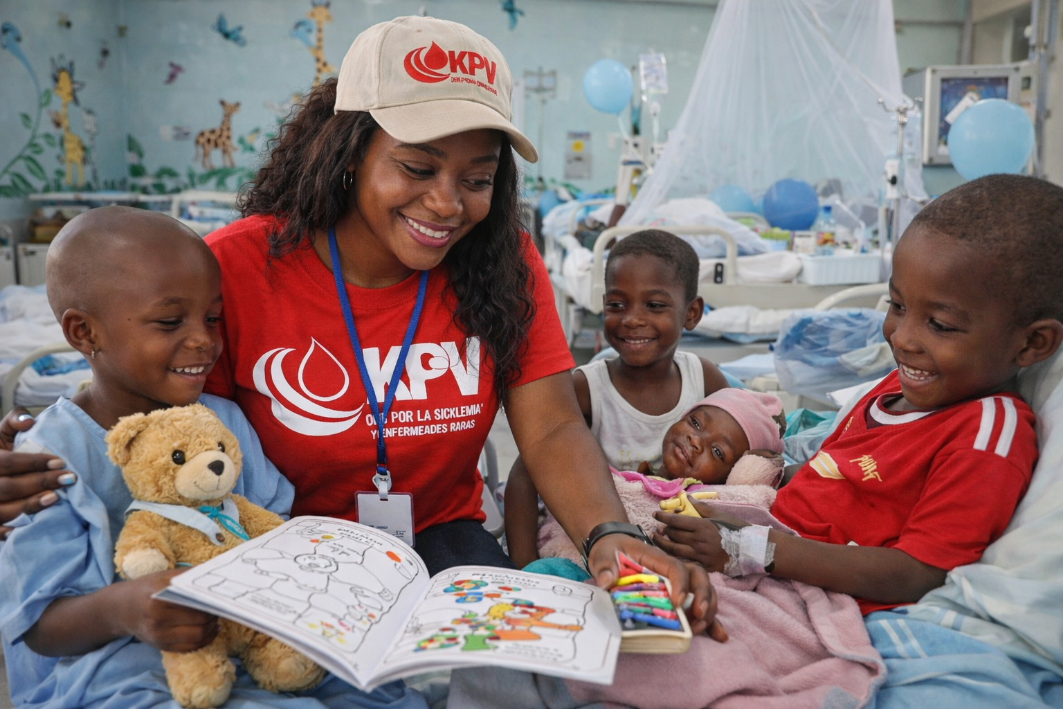 Una mujer vestida con una camiseta roja y gorra con el logo de KPV lee un libro de colores a niños hospitalizados en un cuarto de hospital decorado con dibujos de jirafas y cebras.