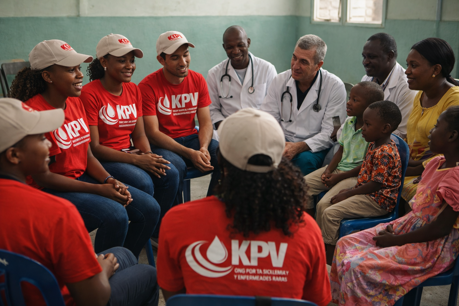Grupo de personas, principalmente niños y algunas adultas, en una reunión en un centro de salud o escuela. Tres personas llevan camisetas y gorras rojas con el logo 'KPV'. Hay doctores con batas blancas y estetoscopios, y todos parecen participando en una charla o programa comunitario.