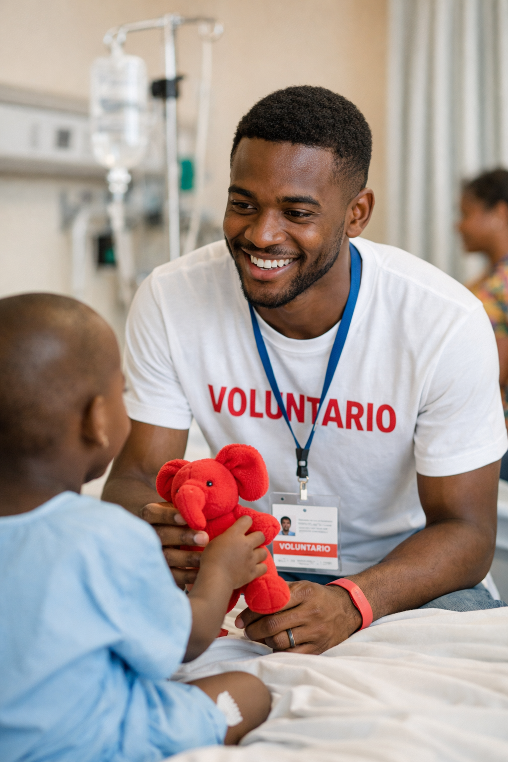 Un voluntario sonriente en hospital infantil, interactuando con un niño y sosteniendo un peluche rojo.