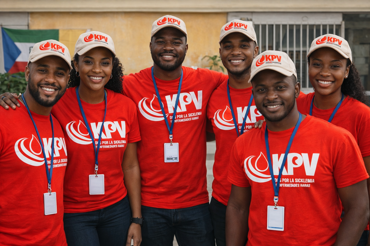 Grupo de seis personas con camisetas rojas y gorras beige con logo de KPV, sonriendo, en evento solidario.