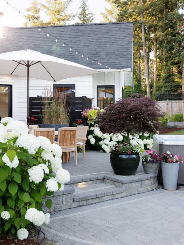 A backyard patio with potted plants, white hydrangeas, small trees, outdoor dining table with chairs, and string lights hanging above. A house with white siding, black window frames, and a dark roof is in the background.