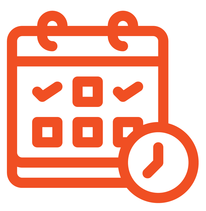 Icon of a calendar with checkmarks, squares, and a clock in orange color.