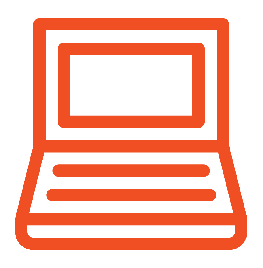 Simple outline of a laptop computer in orange color on a black background.