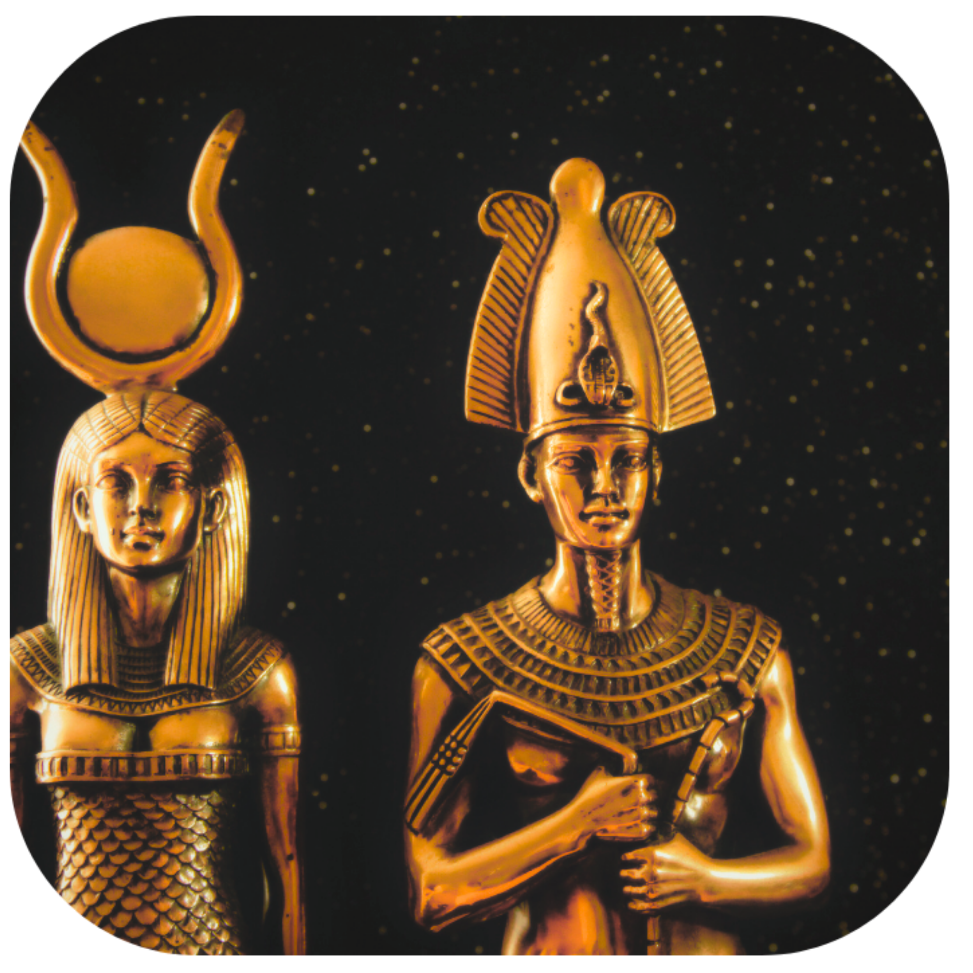 Two golden statues of ancient Egyptian pharaohs with a starry background.