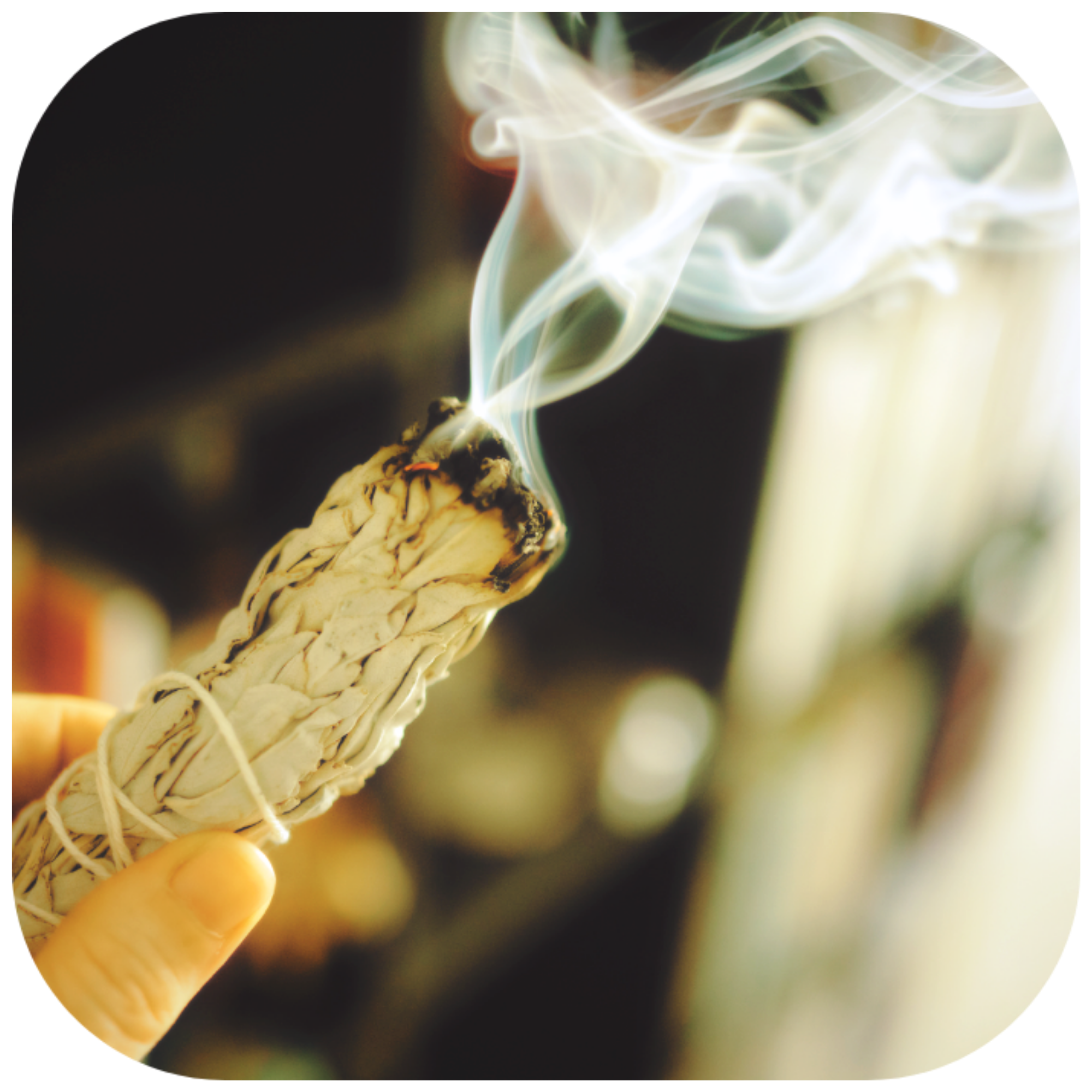 Close-up of a lit burning sage bundle with smoke rising from it.