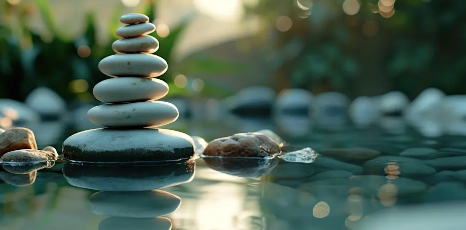 Stack of seven smooth stones balanced on a large black stone by water, with blurred greenery and rocks in the background.