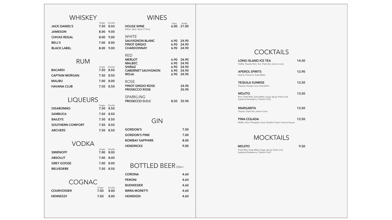 Bar menu listing drinks such as whiskey, rum, liqueurs, vodka, gin, bottled beer, and cognac along with wine and cocktail options.